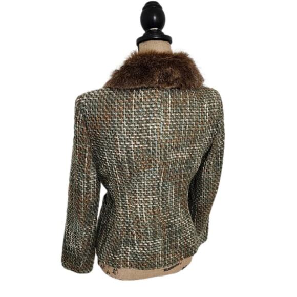 KASPER Brown and Green Tweed Faux Fur Collar Fitted Tailored Blazer Jacket 10P - Picture 13 of 14